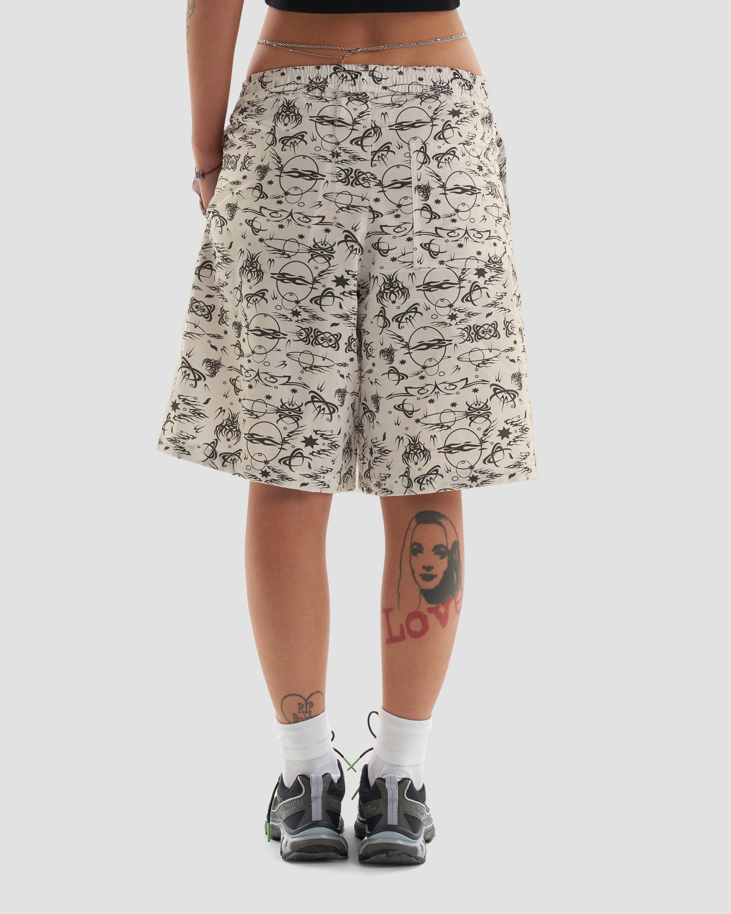 No Regrets Oversized Surfer Shorts with Tattoo Print in Ecru